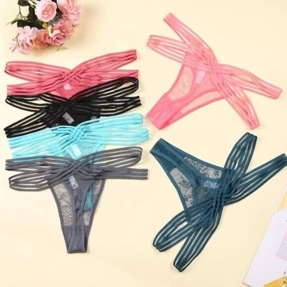 Women’s 6pc Floral Lace Double-Strap Semi-Sheer Thong Panties Set - Picture 1 of 9